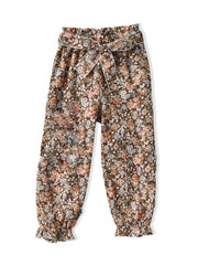 Girls Floral Trousers Elastic Waist Belted Frill Trim Pants