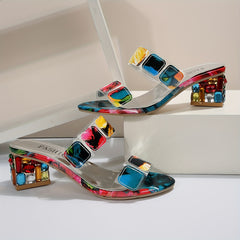 Women's Chunky Heeled Sandals Rhinestone Slip On Daily Wear
