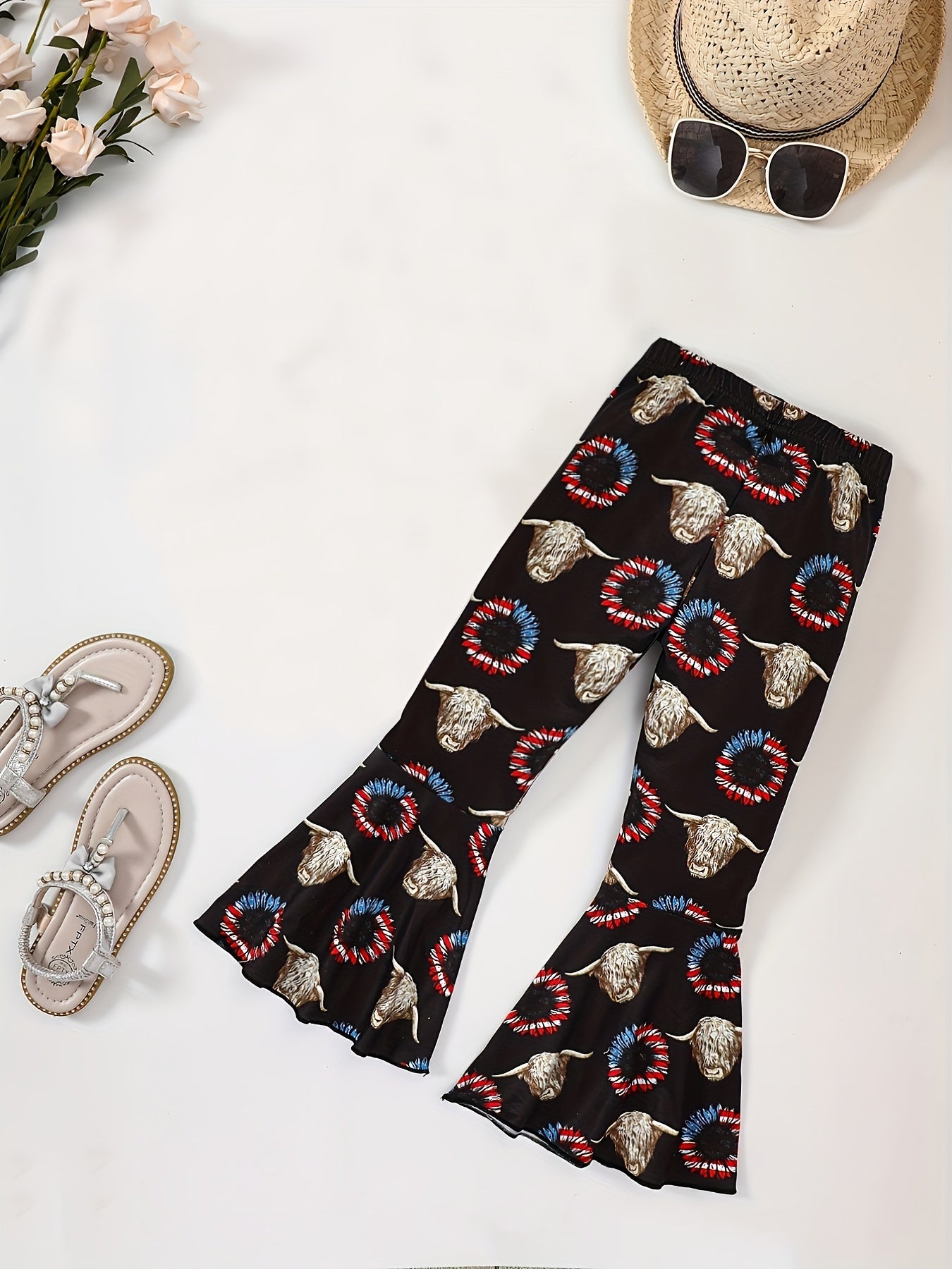 Girls Sunflower & Bull Head Flare Pants Elastic Waist Trousers
