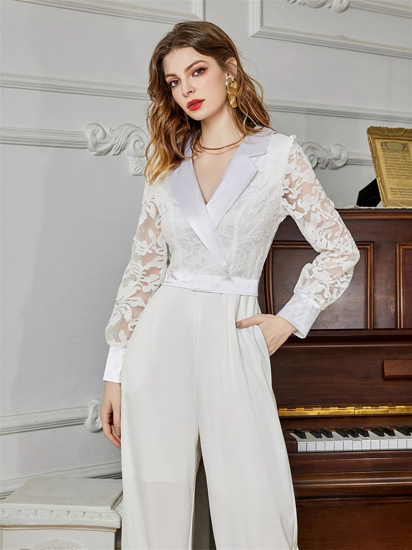 Lace Long Sleeve Tie Waist Jumpsuit Wide Leg