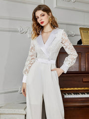 Lace Long Sleeve Tie Waist Jumpsuit Wide Leg