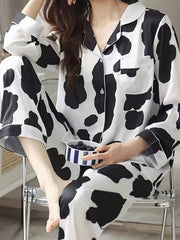 Cow Pattern Pajama Set Long Sleeve Top & Full Print Pants Women's Loungewear