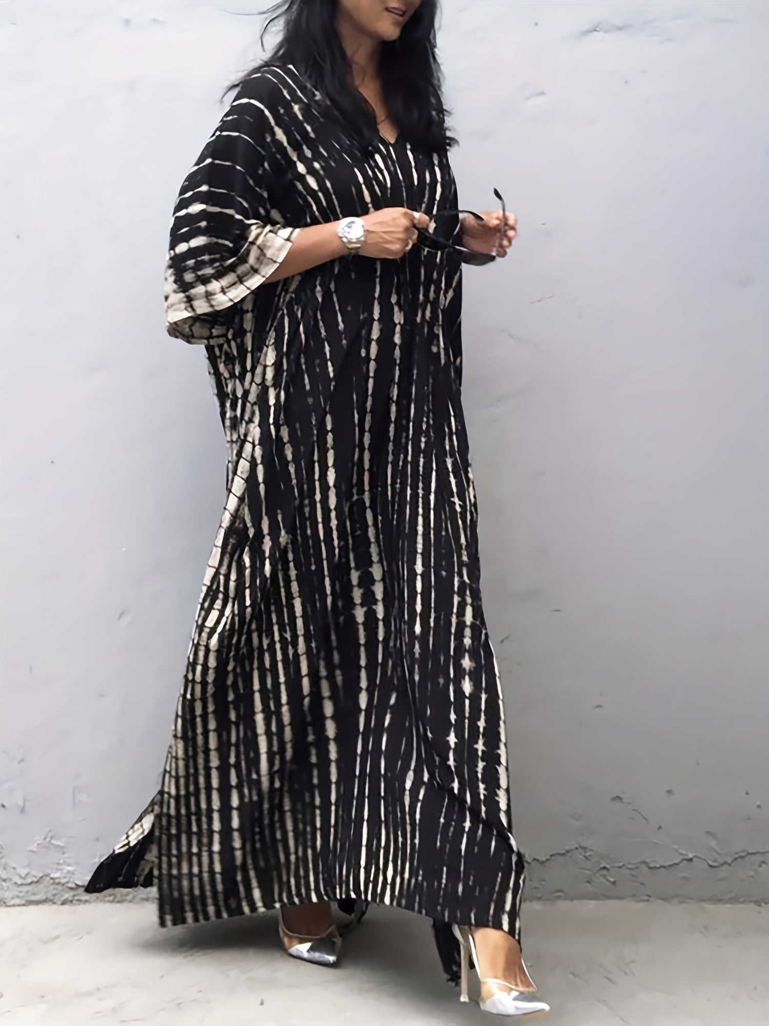 Tie Dye Split Beach Resort Maxi Kaftan Cover Up Dress Kimono Sleeve V Neck