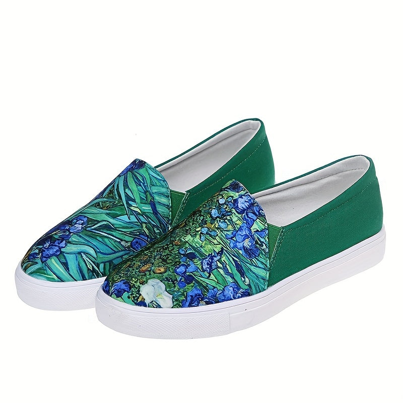 Women's Green Landscape Print Loafers Casual Slip On Canvas Shoes