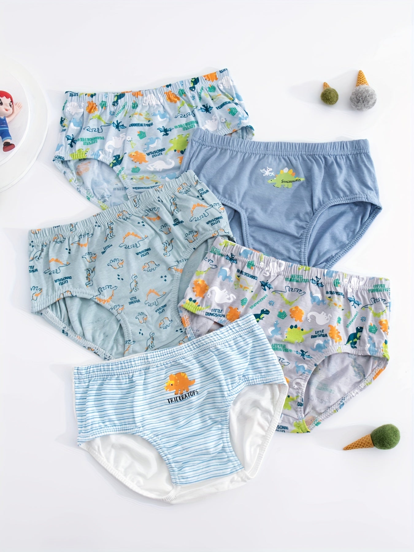 5pcs Boys Dinosaur Print Boxer Briefs Soft Cotton Underwear