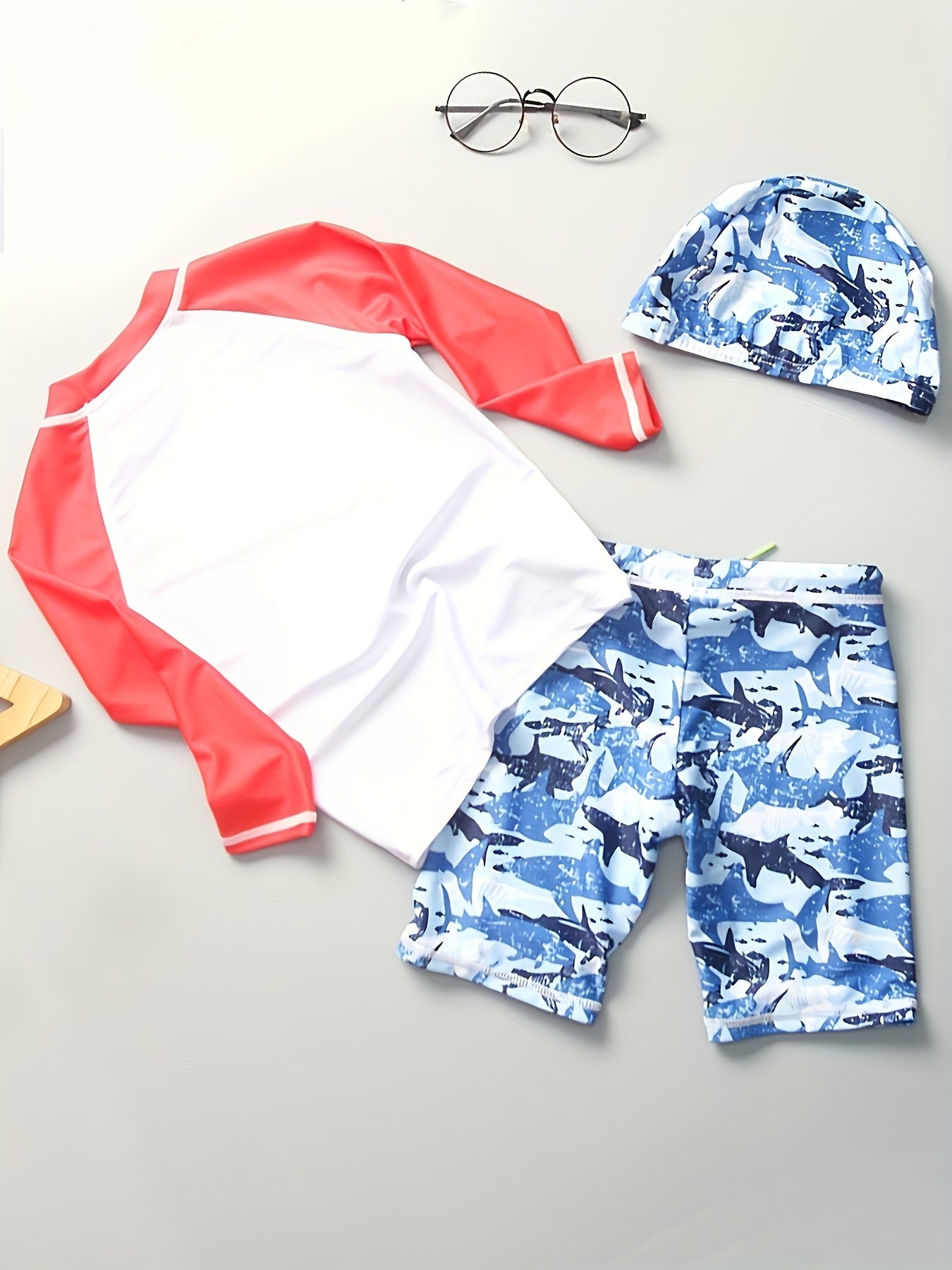 Boys Shark Graphic Swimsuit Set with Hat