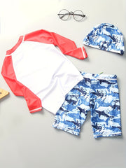 Boys Shark Graphic Swimsuit Set with Hat