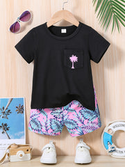 2pcs Baby Boys Coconut Trees & Leaf Print T shirt & Shorts Summer Clothes Sets