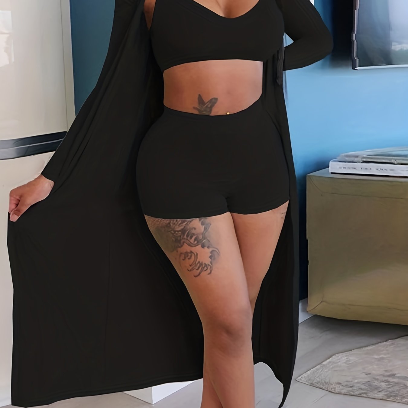 Sexy Three Piece Set: Crop Top, Shorts, Cardigan