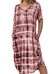 Tie Dye V-Neck Midi Dress With Pockets Women's Plus Slit Sexy Midi