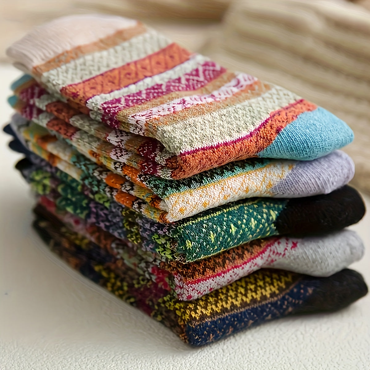 5 Pairs Geometric Pattern Colorblock Crew Socks Women's Stockings