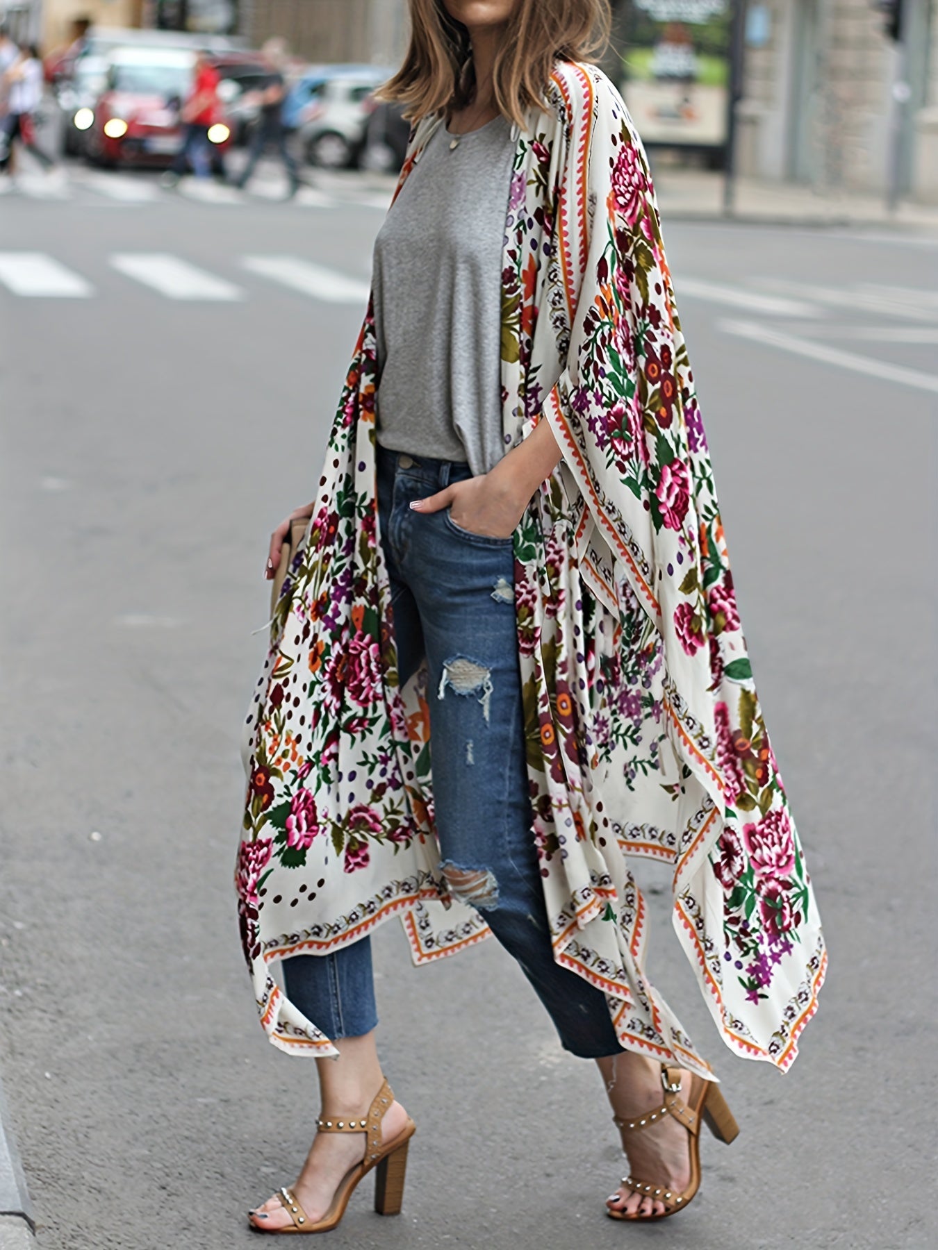 Floral Print V Neck Chiffon Blouse Long Sleeve Cover Up