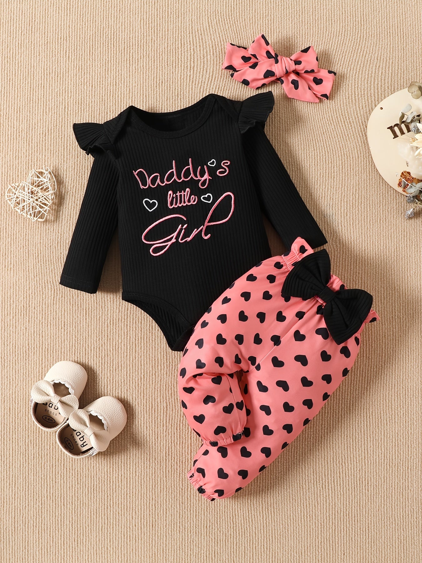 Baby Girls Heart Pattern Bodysuit Romper Outfit Set