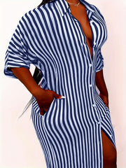 Women's Plus Stripe Print Button Up Maxi Shirt Dress