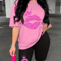 Lips & Crown Print Two Piece Set Casual Short Sleeve T shirt & Biker Shorts