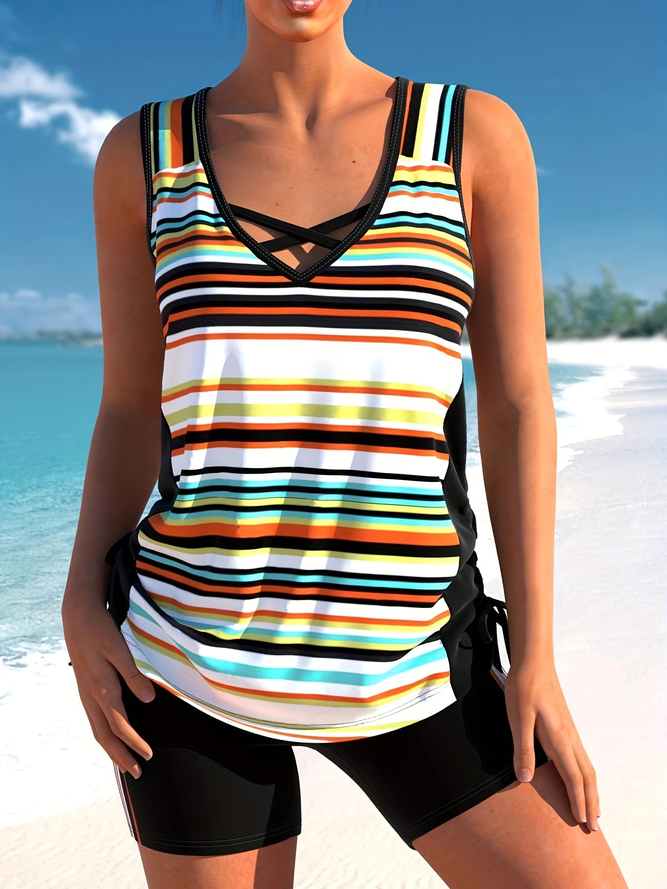 Retro Tankini Set Striped V Neck Tank Top & Shorts Bathing Suit