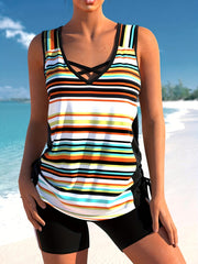 Retro Tankini Set Striped V Neck Tank Top & Shorts Bathing Suit
