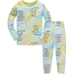 Boys 2pcs Pajamas Bear Print Long Sleeve Top & Pants Set