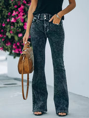 Plus Solid Distressed Button Fly High Rise Bootcut Jeans