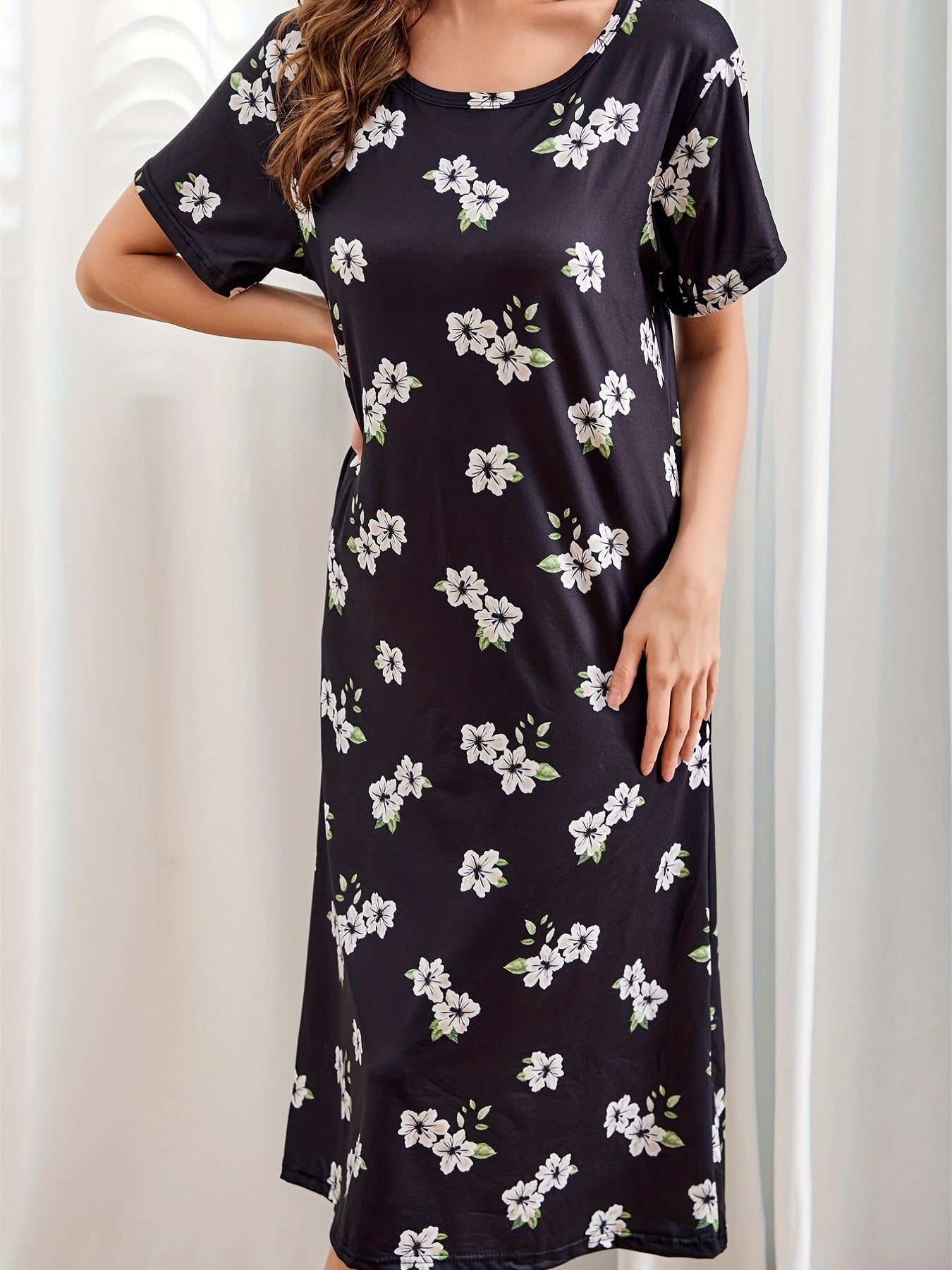 Floral Print NightDress Short Sleeve Pajama Dress Women's Sleepwear