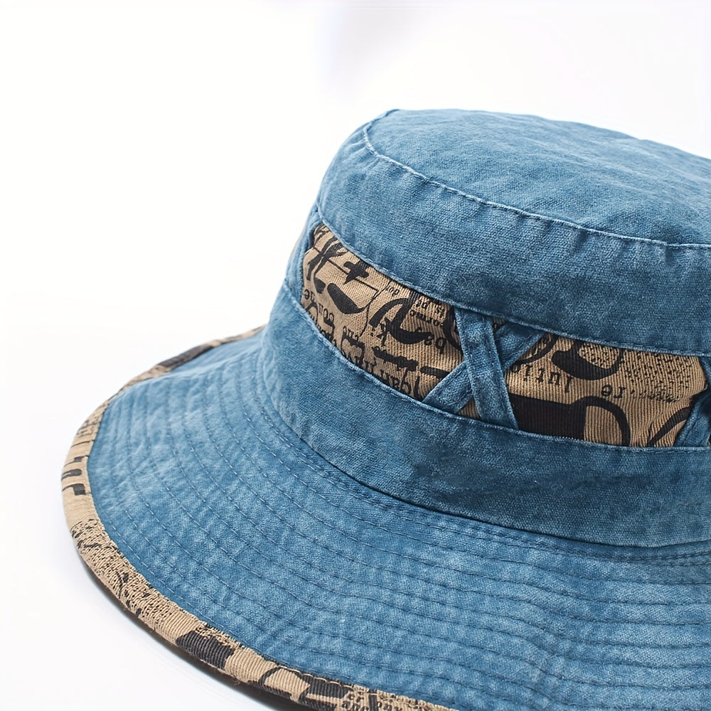 Vintage Washed Bucket Hat Wide Brim UV Protection Sun Hat Letter Printed