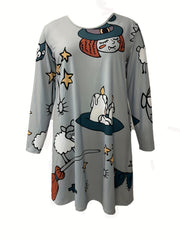 Halloween Dress Women's Plus Cartoon Witch Print Long Sleeve