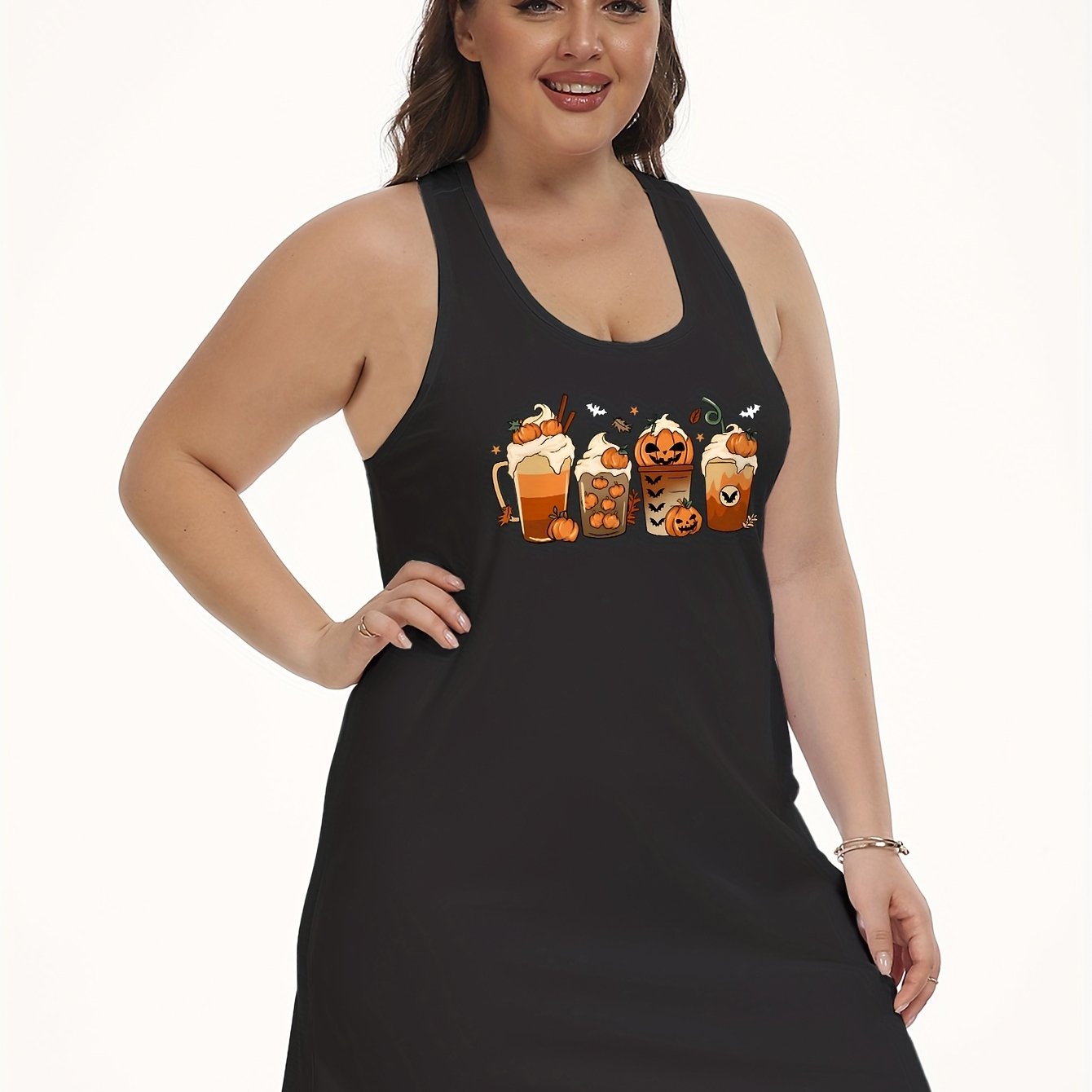 Plus Size Halloween Pumpkin Milkshake Print Tank Nightdress