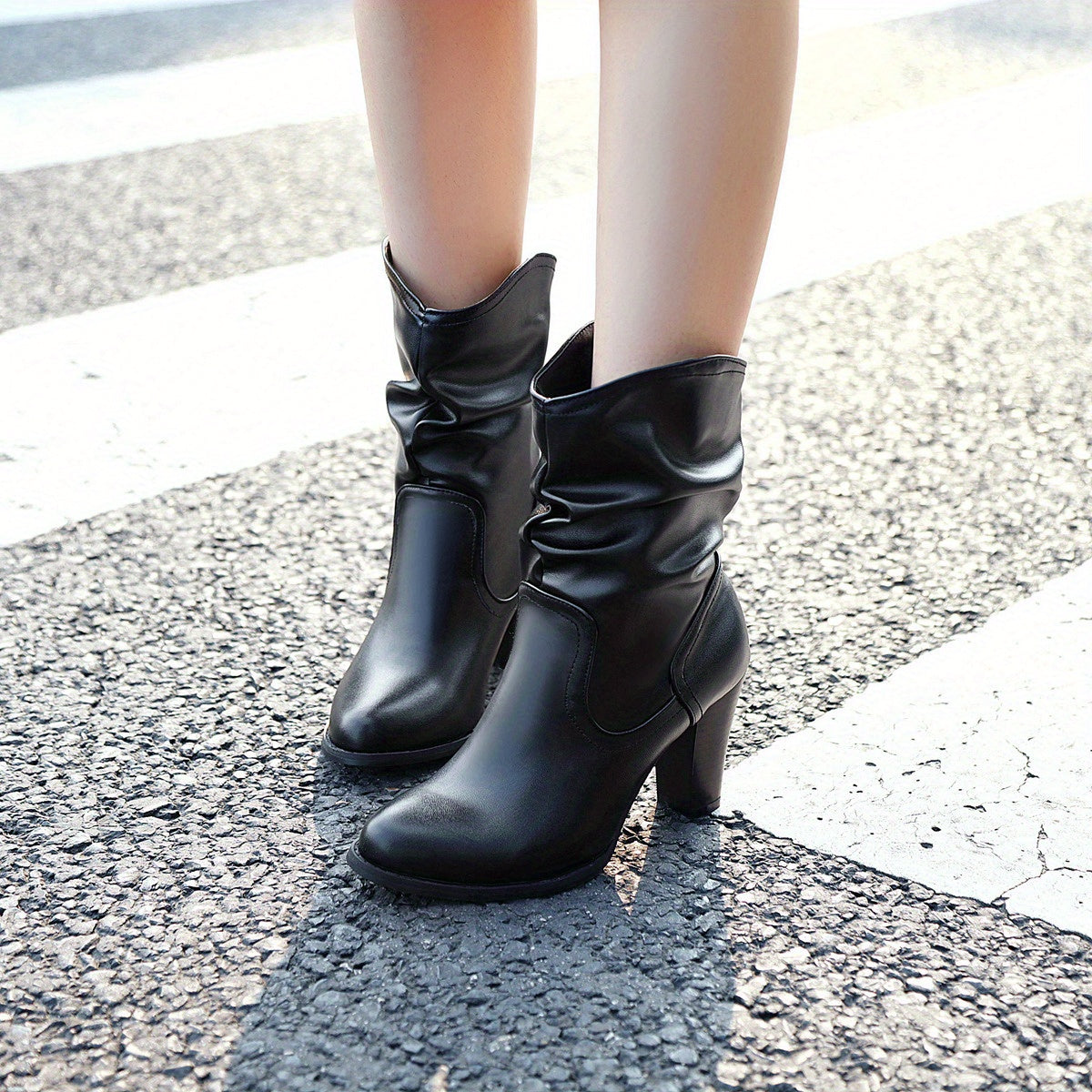 Slouchy Heeled Boots Pointed Toe V cut Slip On High Heels