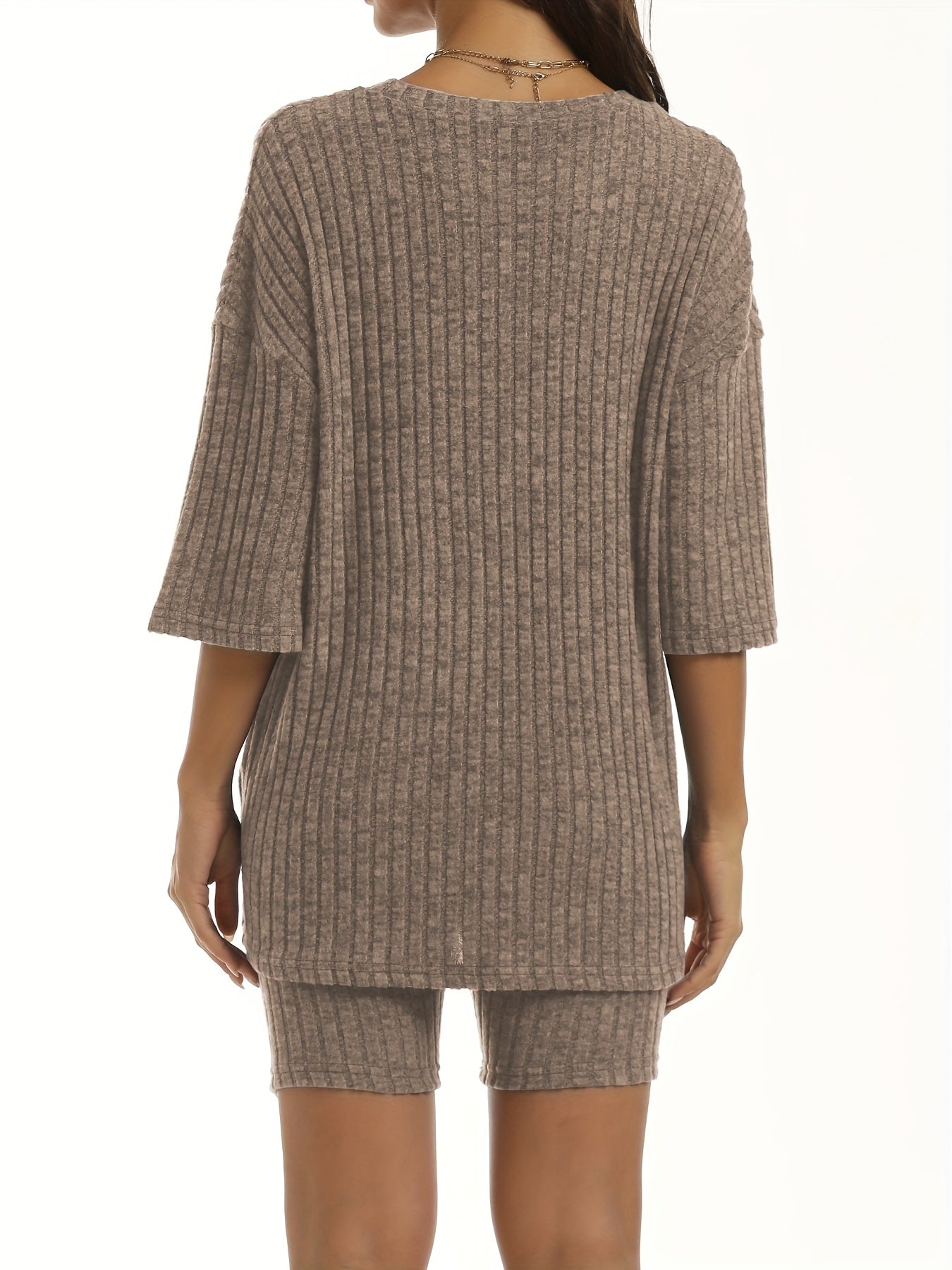 Solid Ribbed Knit Top & Shorts Two Piece Set