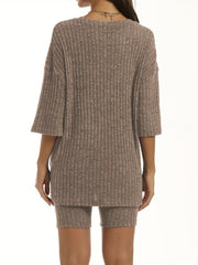 Solid Ribbed Knit Top & Shorts Two Piece Set