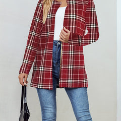Plaid Print Open Front Jacket Long Sleeve Outerwear