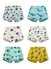 6pcs Boys Boxer Briefs Dinosaur Car Print Soft Comfortable Underwear