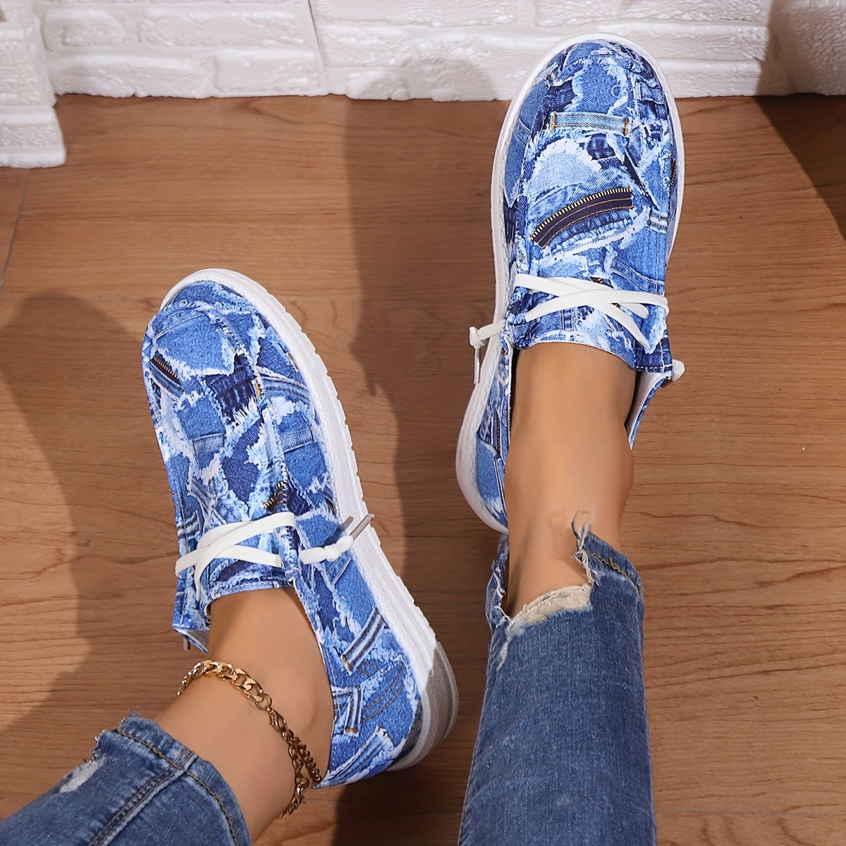 Ripped Denim Slip On Sneakers Lightweight Comfortable Shoes