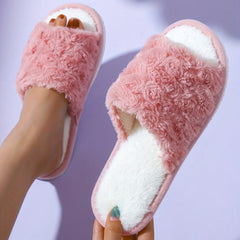 Women's Rose Fluffy Slippers Cozy Open Toe Solid Home Plush Shoes