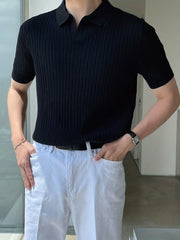 Knit Short Sleeve Polo Shirt V-Neck Button Up Casual Top Men's Tee