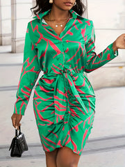 Print Button Long Sleeve Shirt Dress