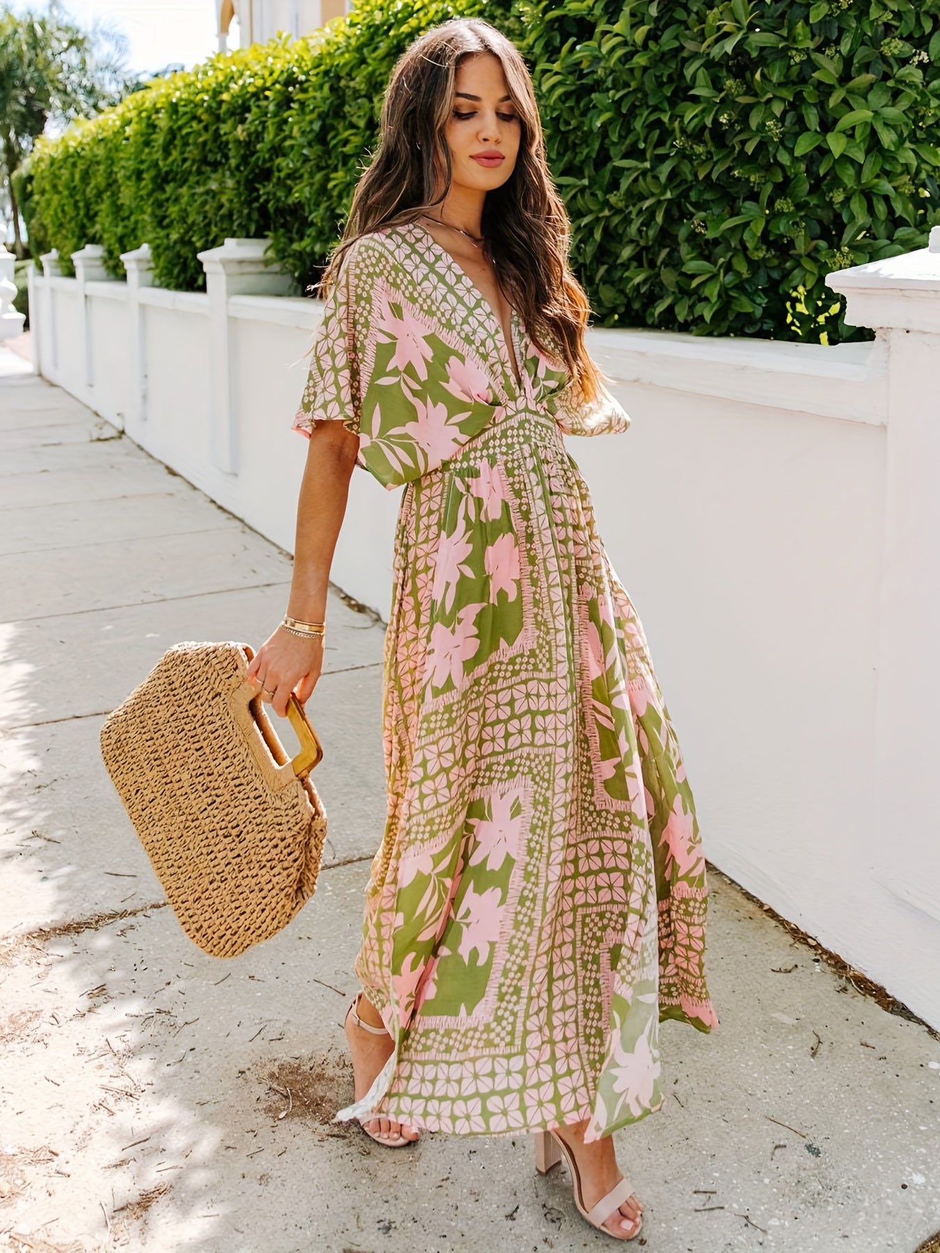 Floral Print Split Thigh Dress Vacation Plunging Maxi Dress