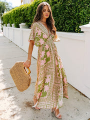 Floral Print Split Thigh Dress Vacation Plunging Maxi Dress
