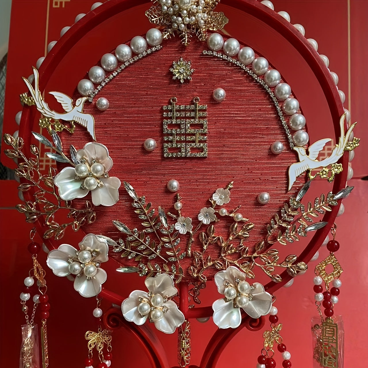 Chinese Wedding Golden Red Fan with Faux Pearl Flower Pendant