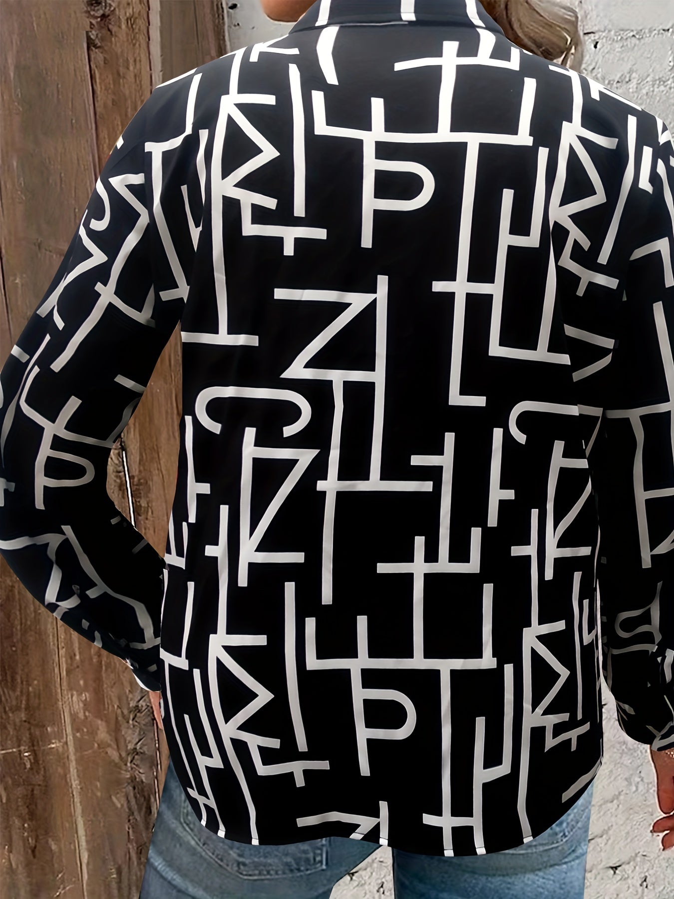 Casual Blouse Women's Plus Letter Print Long Sleeve Button Up Shirt