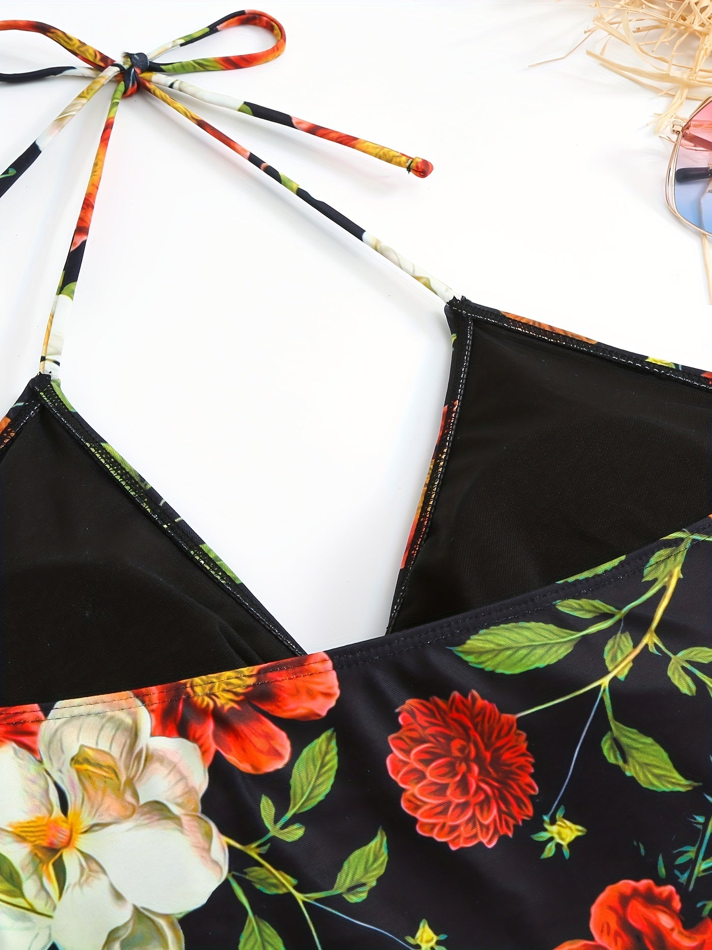 Floral Print Tie Front V-Neck Halter One Piece Bikini