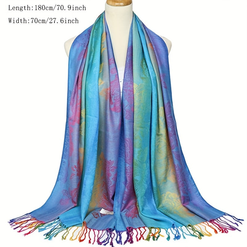 Peacock Jacquard Tassel Scarf Gradient Shawl Casual Headwrap Hijab