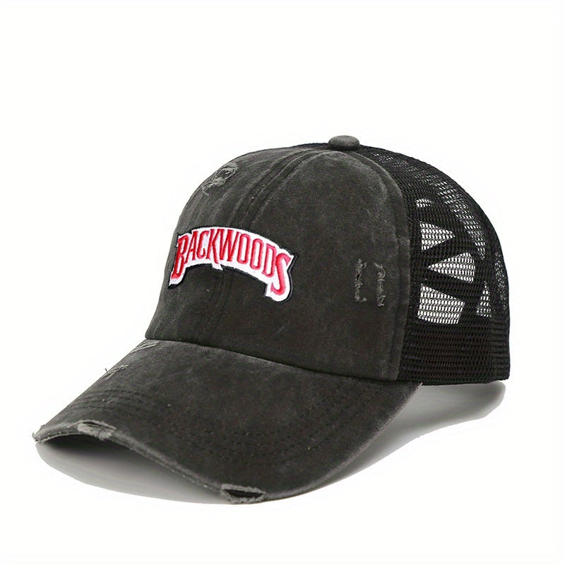 Ponytail Washed Embroidery Baseball Cap Distressed Mesh Trucker Hat