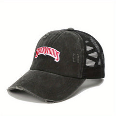 Ponytail Washed Embroidery Baseball Cap Distressed Mesh Trucker Hat
