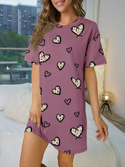 Heart Print NightDress Short Sleeve Crew Neck Pajama Dress Women