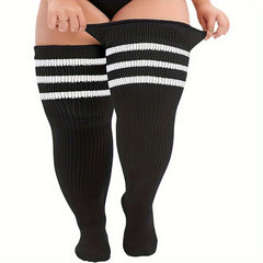 Sporty Thigh High Socks Women's Plus Solid & Striped Anti slip