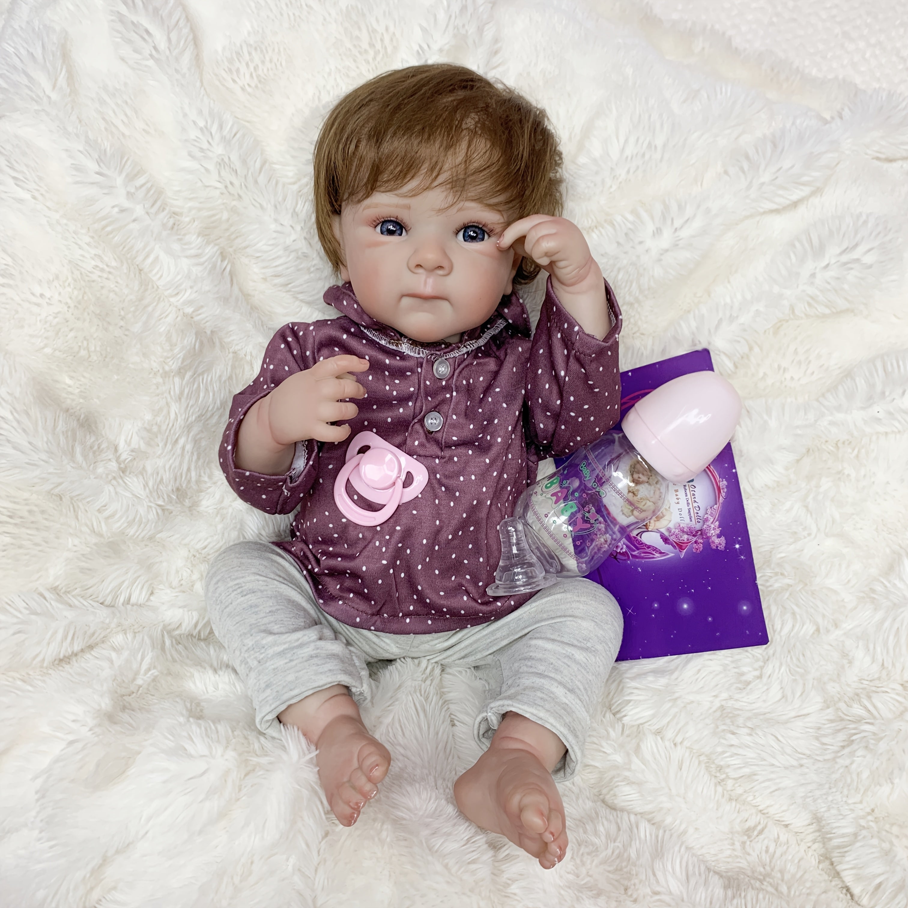 48cm Waterproof Vinyl Reborn Doll Rooted Hair Purple Polka Dot Onesie Bei