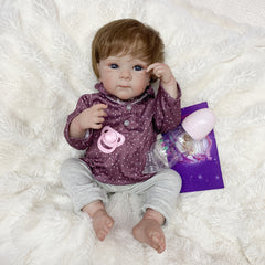 48cm Waterproof Vinyl Reborn Doll Rooted Hair Purple Polka Dot Onesie Bei