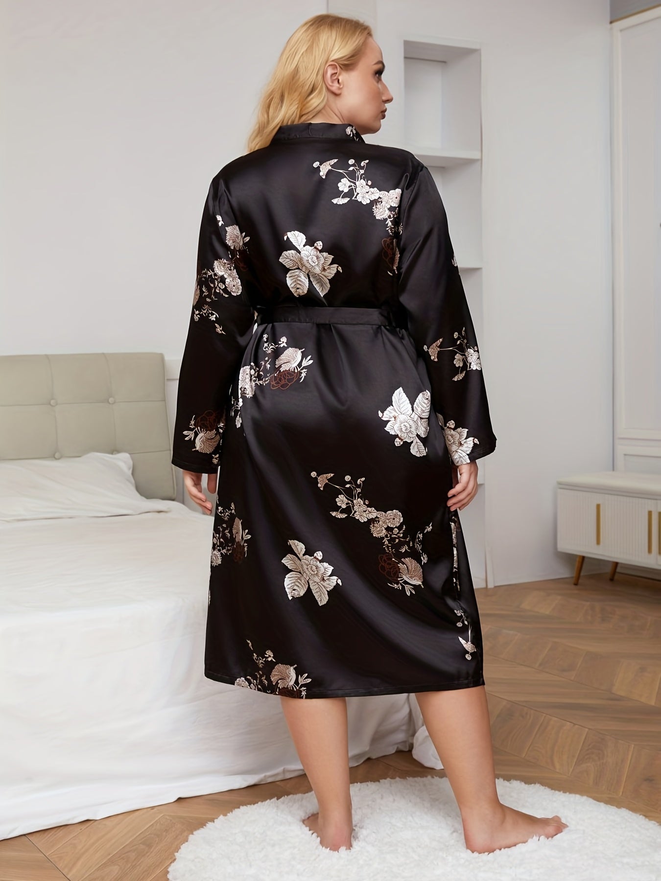 Floral Print Plus Size Long Sleeve Bathrobe with Belt