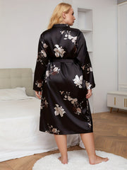 Floral Print Plus Size Long Sleeve Bathrobe with Belt